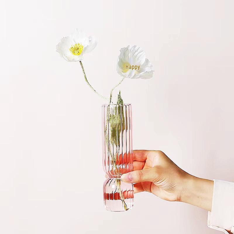 Nordic Handmade Striped Glass Vase for Mini Flower Arrangements – Transparent Ornament for Living Room Decor