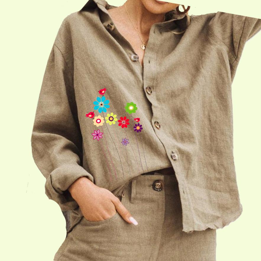 Женская модная рубашка с цветочным принтом, женская повседневная блузка на пуговицах из хлопка и льна с длинными рукавами