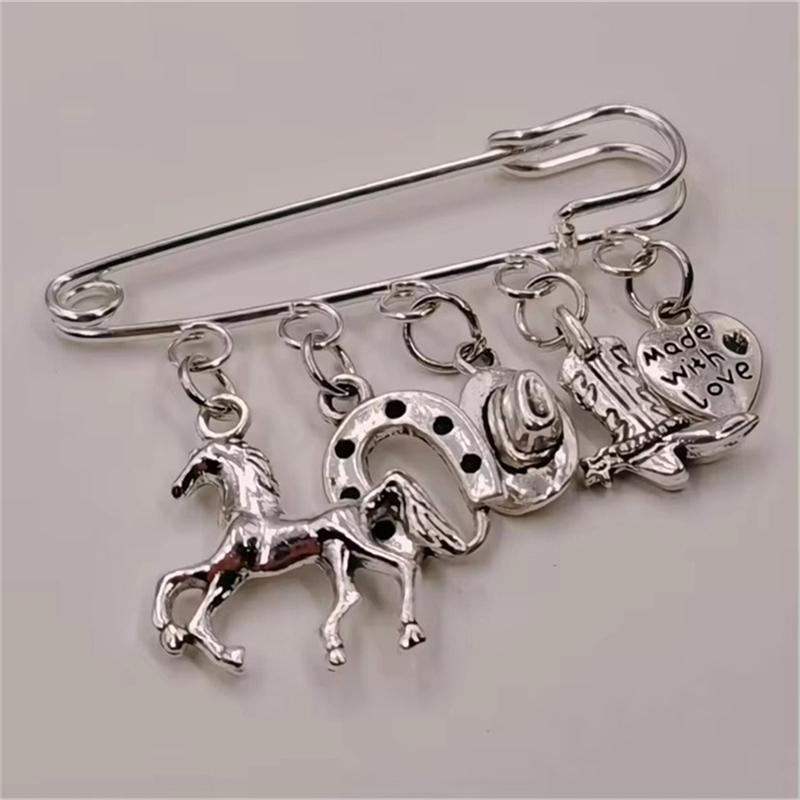 Vintage Silver Color Horse Horseshoe Cowboy Boots Cowboy Hat Pendant Pin Brooch Creative Jewelry Gifts