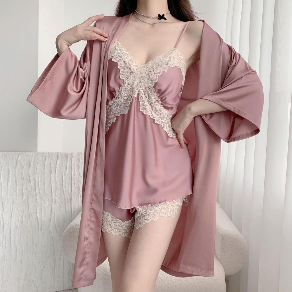Розовый кружевной халат невесты свадебный женский комплект из 3 предметов пижамы шелковистый атласный кимоно халат платье весна-лето свободная атласная домашняя одежда