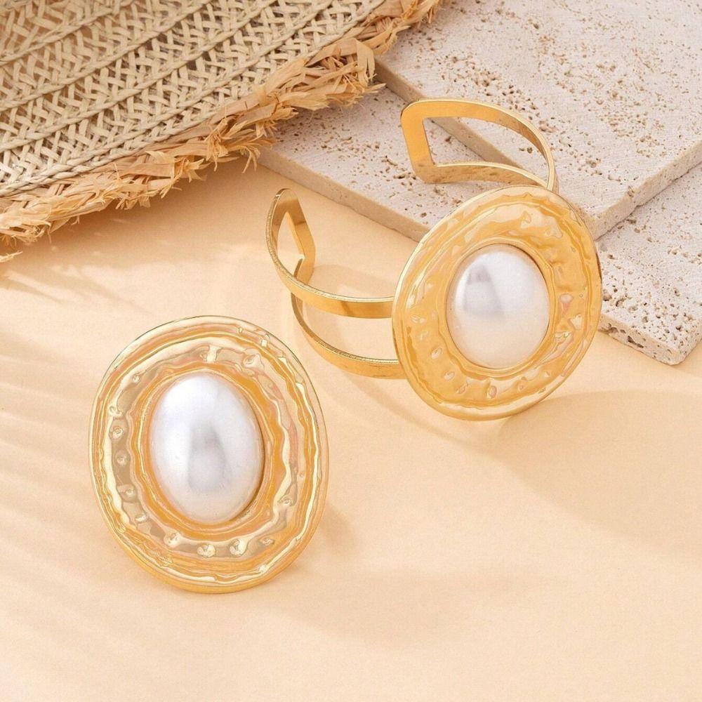 2pcs/set Vintage Exaggerated Bracelets Rings Set Geometric Irregular Wide Bracelets Oval Elliptical Cuff Bangles Women Jewelry