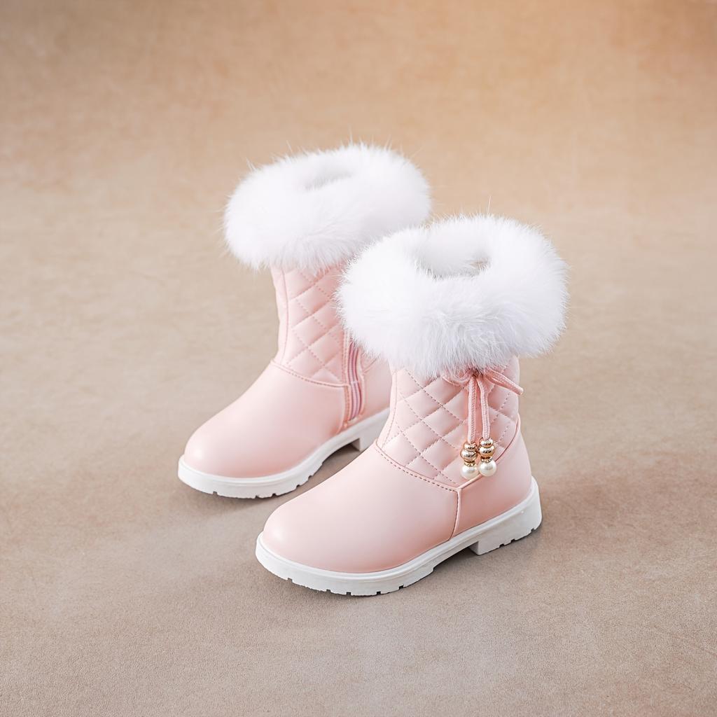 Girls' Winter Boots 2024, Warm Cute Pearl Bowknot, Quilted Pattern, Cartoon Solid Color