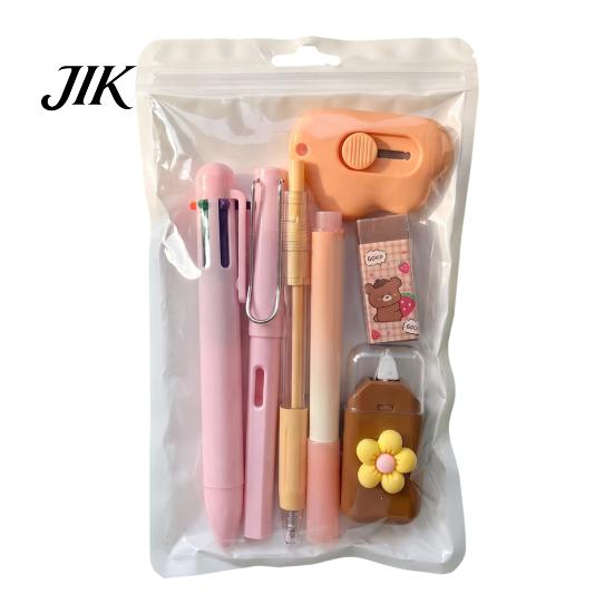 Primary Secondary School Stationery 7PCS Set, Macaron Color Gel Pens/Correction Tape/Cutter/Eraser Include, Learning Supplies Portable Kit with