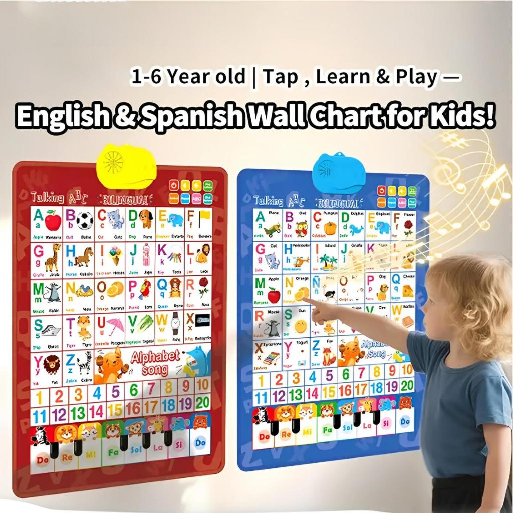 Bilingual Talking Wall Chart for Toddlers Learning Toys En/Spanish Interactive Wall Chart with Musical Alphabet Educational