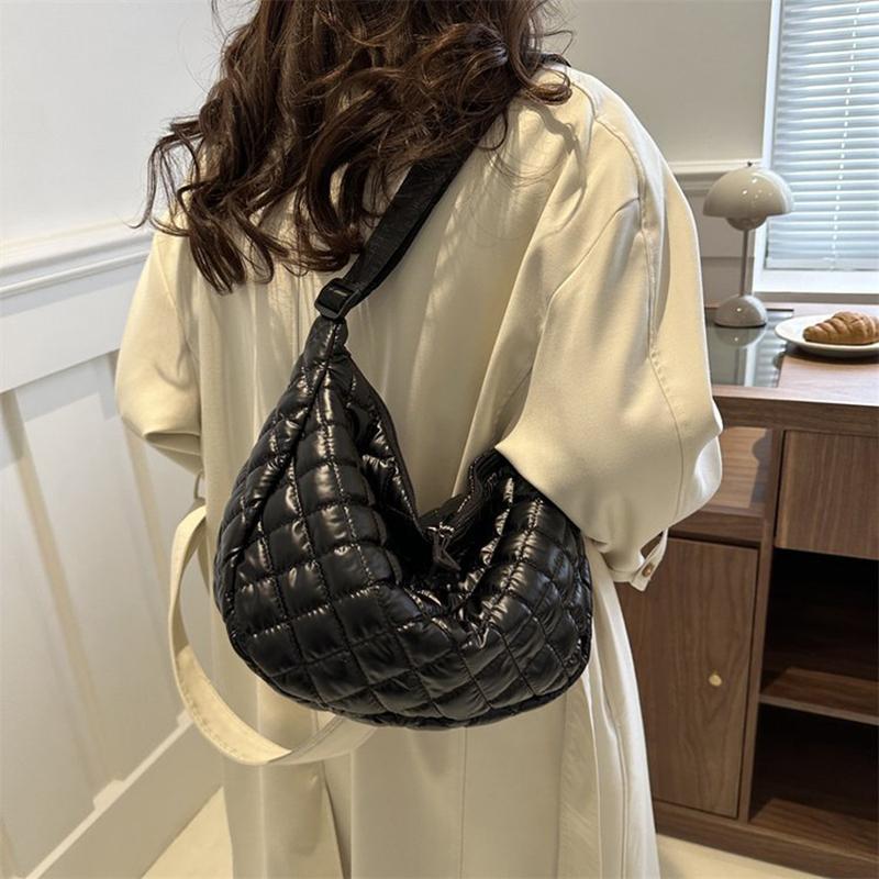 Space Cotton Shoulder Bag Fashion Hobo Crossbody Bags Lattice Pattern All-match Large Capacity Handbags for Women Commuting