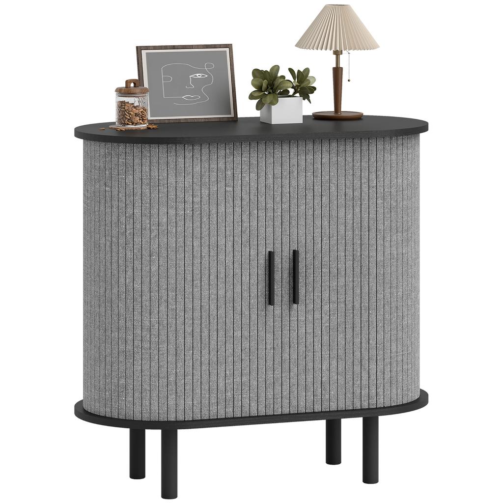 Tambour Sideboard with Fluted Sliding Doors, Modern Kitchen Cupboard with Storage Shelves and Wooden Legs, Grey