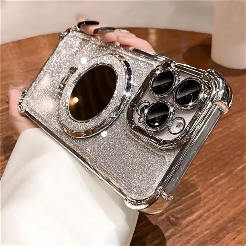 Для iPhone 16 Pro Max Роскошный чехол с рамкой для вспышки и зеркалом, держателем для телефона, защитный чехол для iPhone 11 12 13 14 15 16 Plus