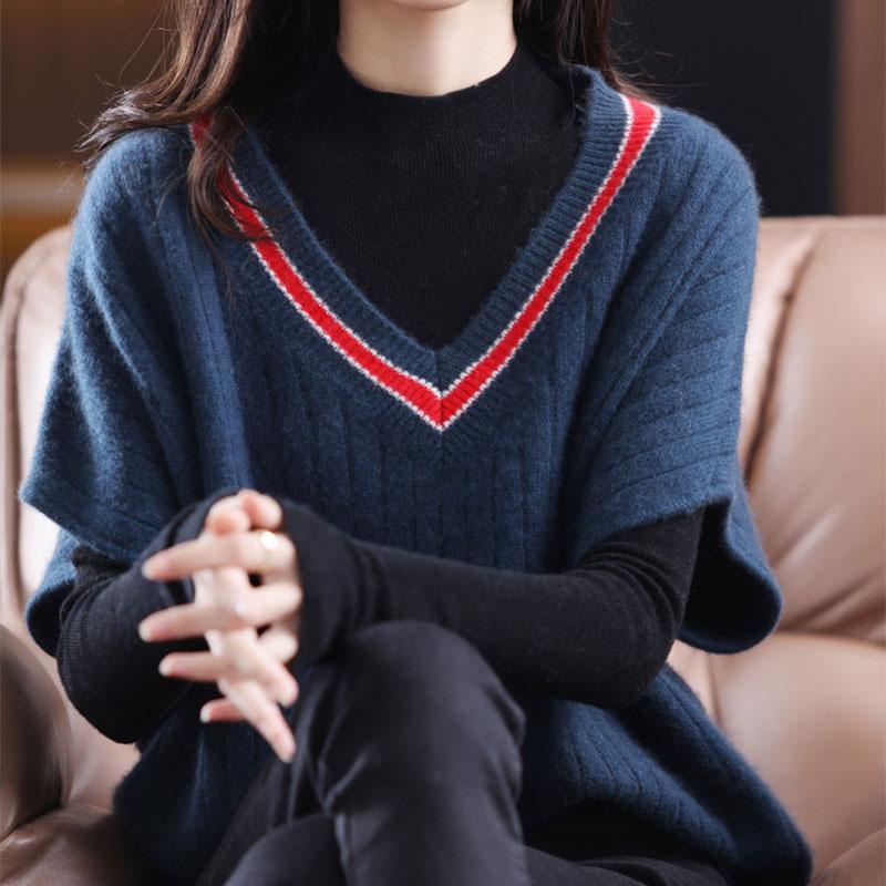 Осенне-зимний женский вязаный жилет с v-образным вырезом, свободный вязаный жилет с цветными блоками, вязаный свитер без рукавов