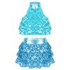Girls Sparkling Dance Set Sleeveless Round Collar Backless Shiny Sequins Tiered Crop Top Elastic Waist Skirt