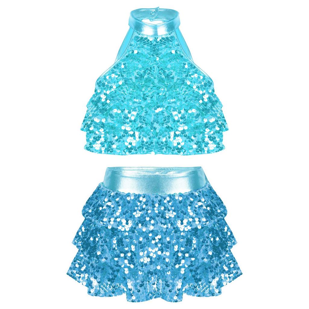 Girls Sparkling Dance Set Sleeveless Round Collar Backless Shiny Sequins Tiered Crop Top Elastic Waist Skirt