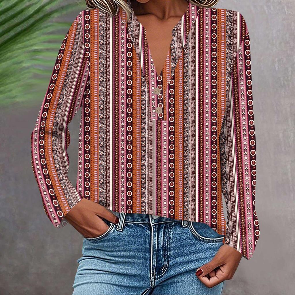 Women's Fashionable And Casual Shirt Long Sleeve V-neck Button Printed Blouse Top