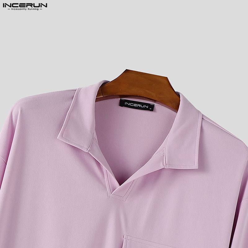 INCERUN Мужские футболки оверсайз с лацканами, длинным рукавом, однотонные, свободные, повседневные