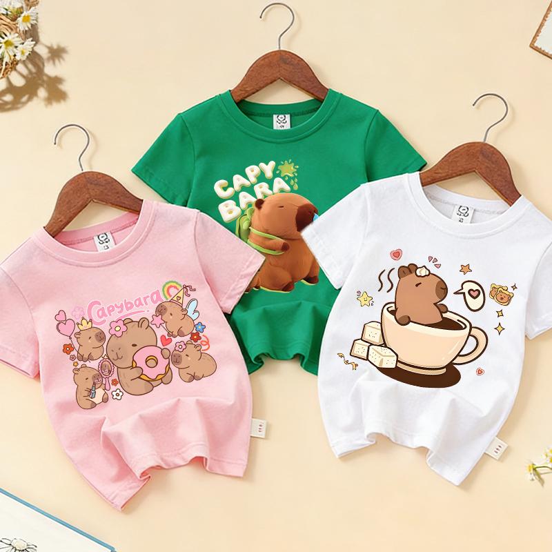 Kids Girl Cute Polyester T-shirt Summer Clothing Cartoon Capybara Printed Tee Children Short Sleeve Tops T Shirt Clothes Gift 2026
