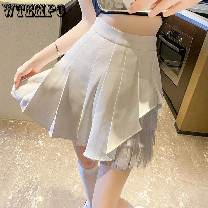 WTEMPO Женские короткие лоскутные газовые юбки с высокой талией, шифоновые тонкие трапециевидные черные, белые повседневные плиссированные мини-юбки