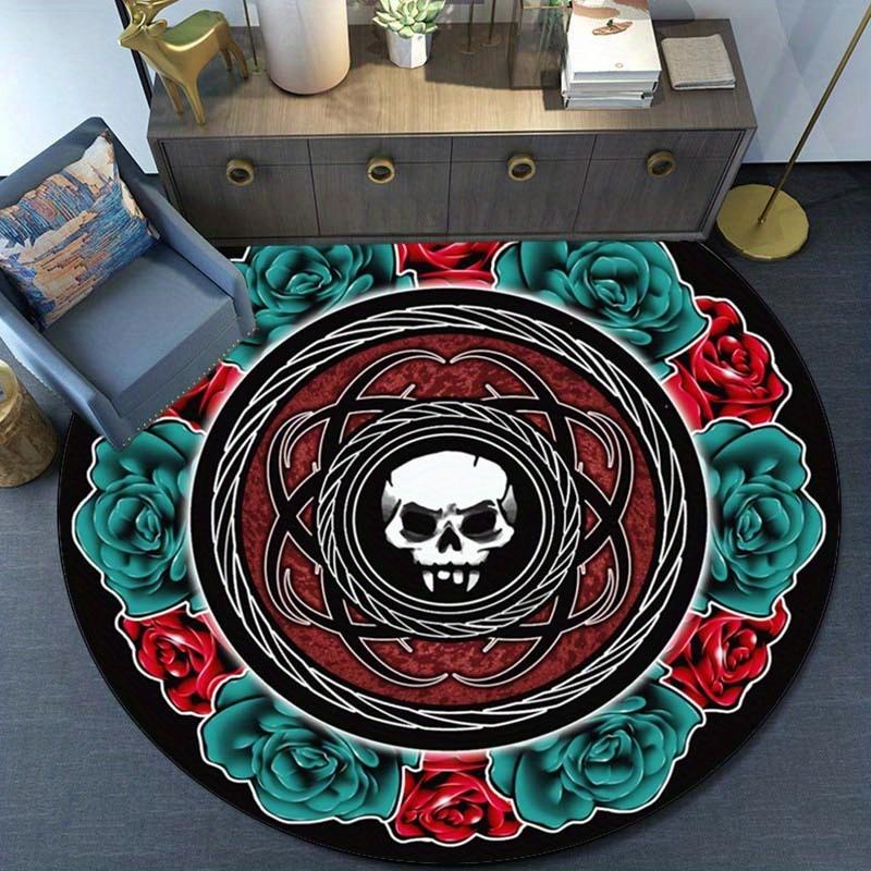 Round Crystal Velvet Rug Skull Rose Gothic Pattern Black Red Green Floor Mat Home Decor Living Room Bedroom Carpet Dark Art