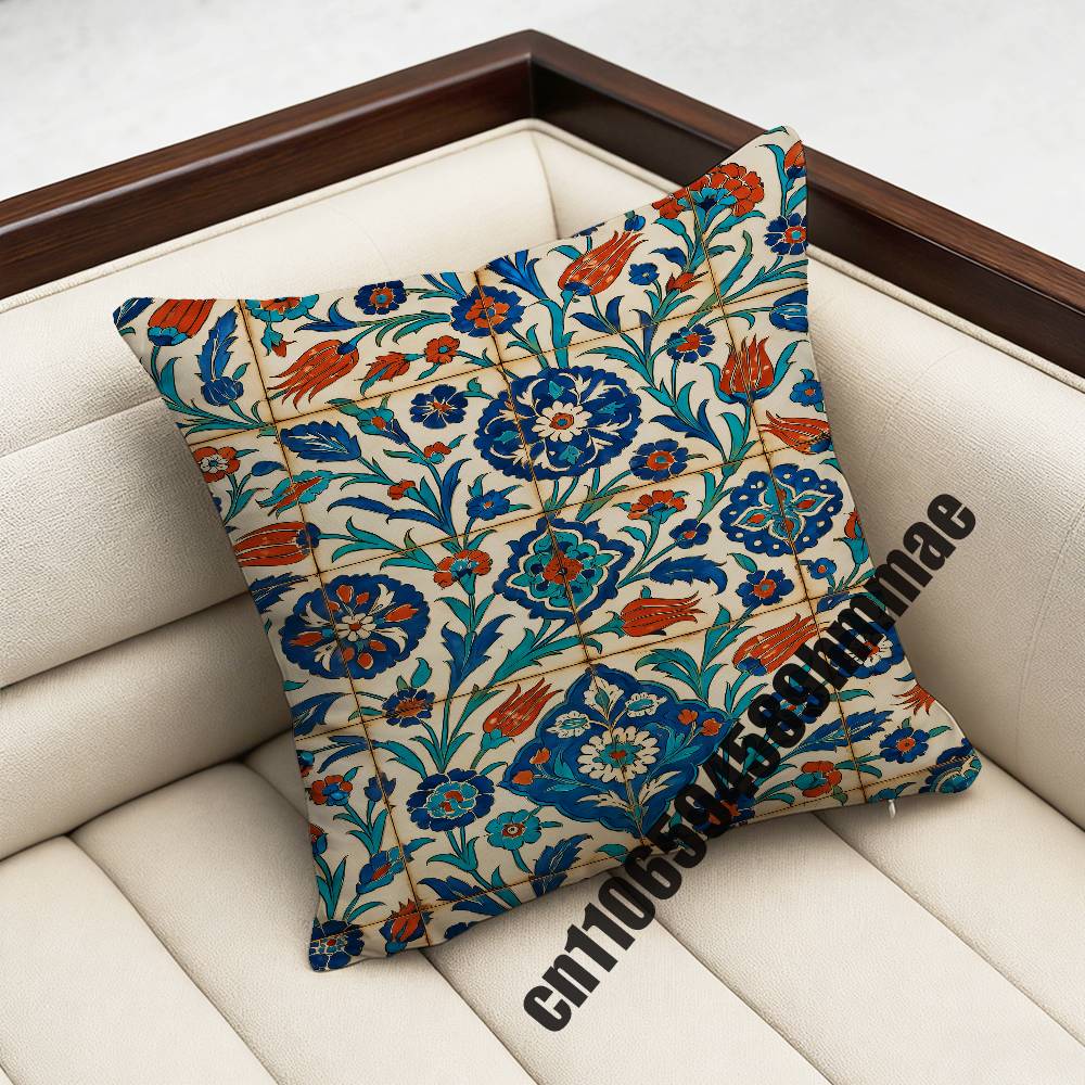 For Turkish Watercolor Painting Iznik Tile Floral Prints Throw Pillow Case Sham 45Cm Square Car Pillowcase Pad Cushion Cover