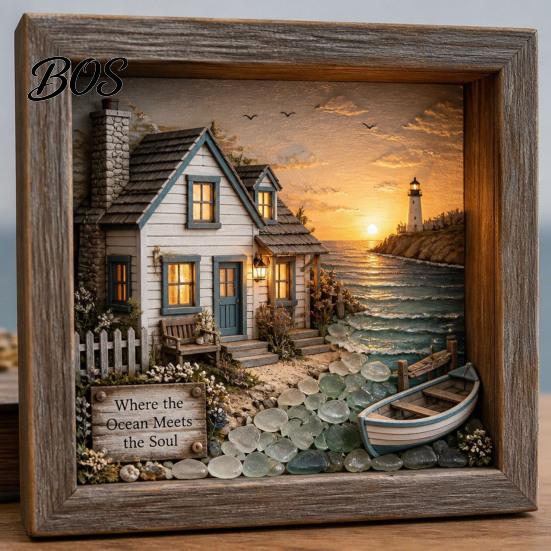 Tabletop Decorative Light Sea Glass Art Painting with LED Light, DIY Mosaic Arts and Craft Kit, Desk Accessory Ocean Themed Beach Kit for Home Office