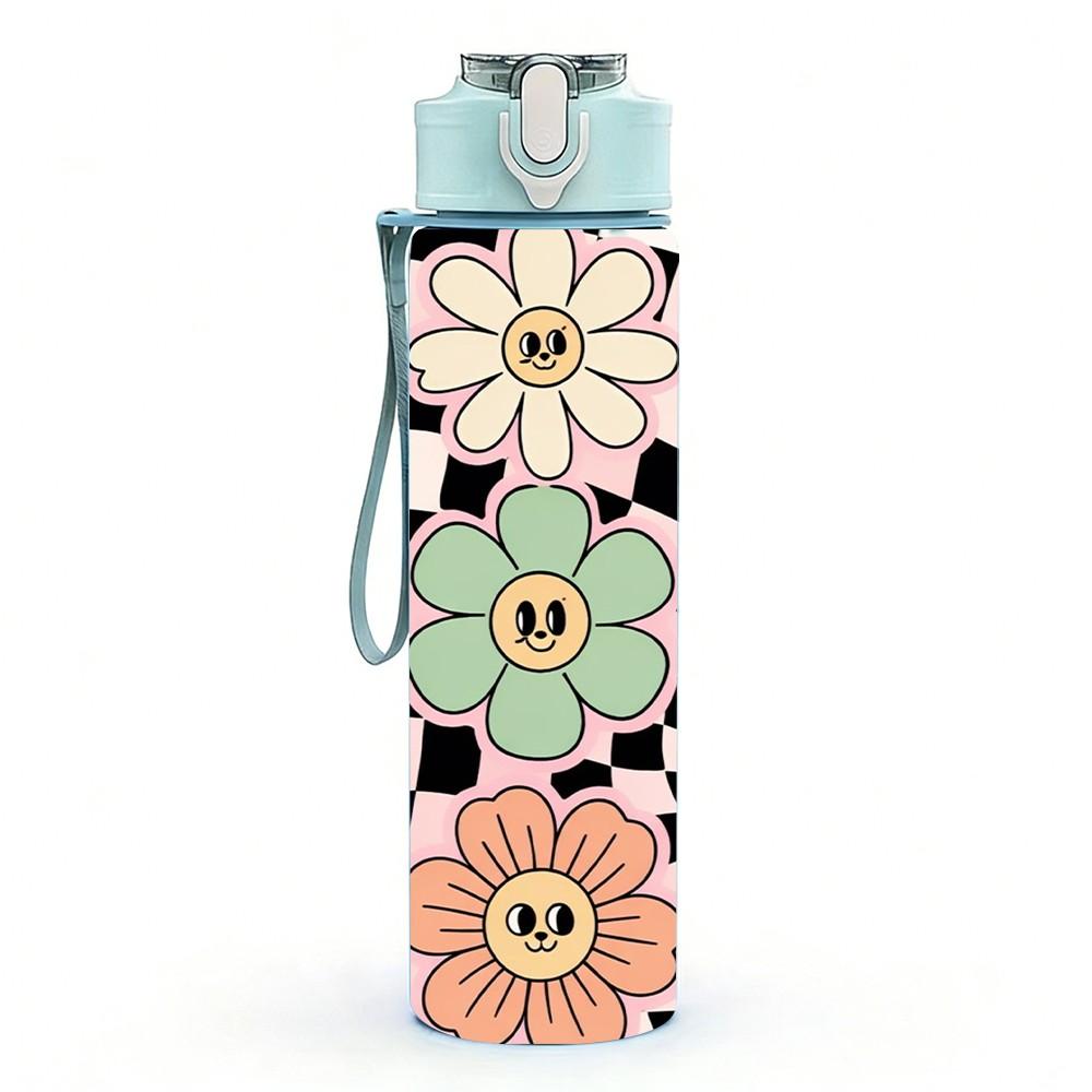 1PC Retro Daisy Flower Checker Pattern 750ml Color Plastic Sports Water Bottle Leakproof Flip Straw Lid Suitable for Sports Office Home Use