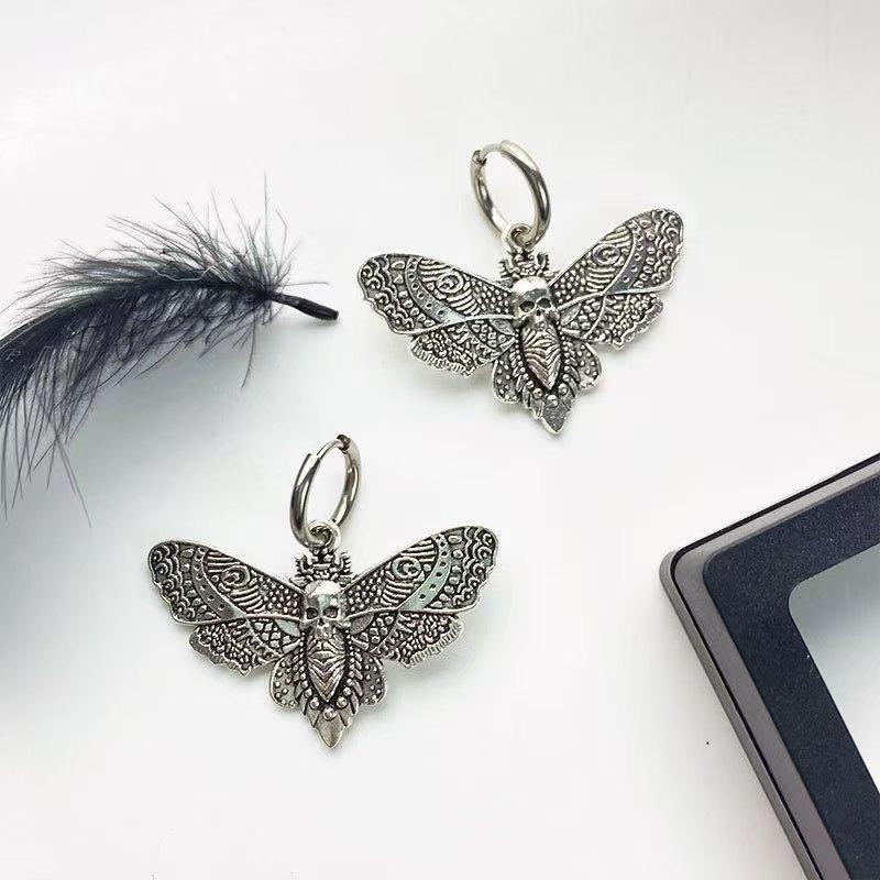 Gothic Moth Hoop Earrings 1 Pair, Vintage Witchy Moth Dangle Earrings, Silver Tone Punk Jewelry Gift