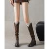 Cowhide Version~ Leather Stacking Boots American Retro Thick Heel Western Cowboy Boots Female Knight Boots V-mouth Boots