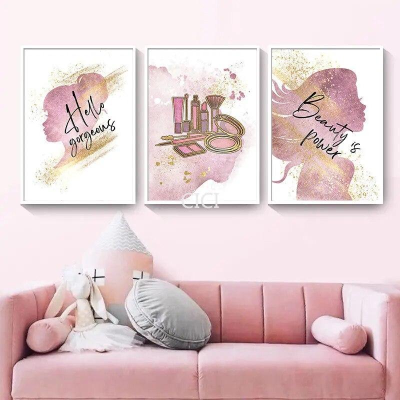 Губная помада, тушь для ресниц, модные золотые губы, макияж, постер, холст, картина, настенная живопись, украшение для салона красоты, комната для девочки, домашний декор, изображение