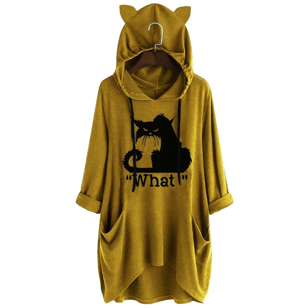 Женская повседневная блузка с кошачьими ушками и капюшоном с длинными рукавами и карманами