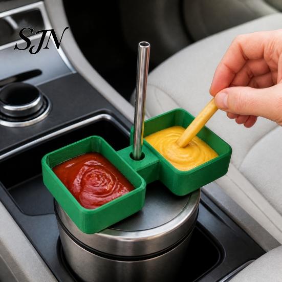 Fast Food Sauce Container 3D Printed Car Cup Holder Condiment Tray, 2 Compartment Dip Vehicle Organizer with Straw Hole, Universal Tumbler Accessory