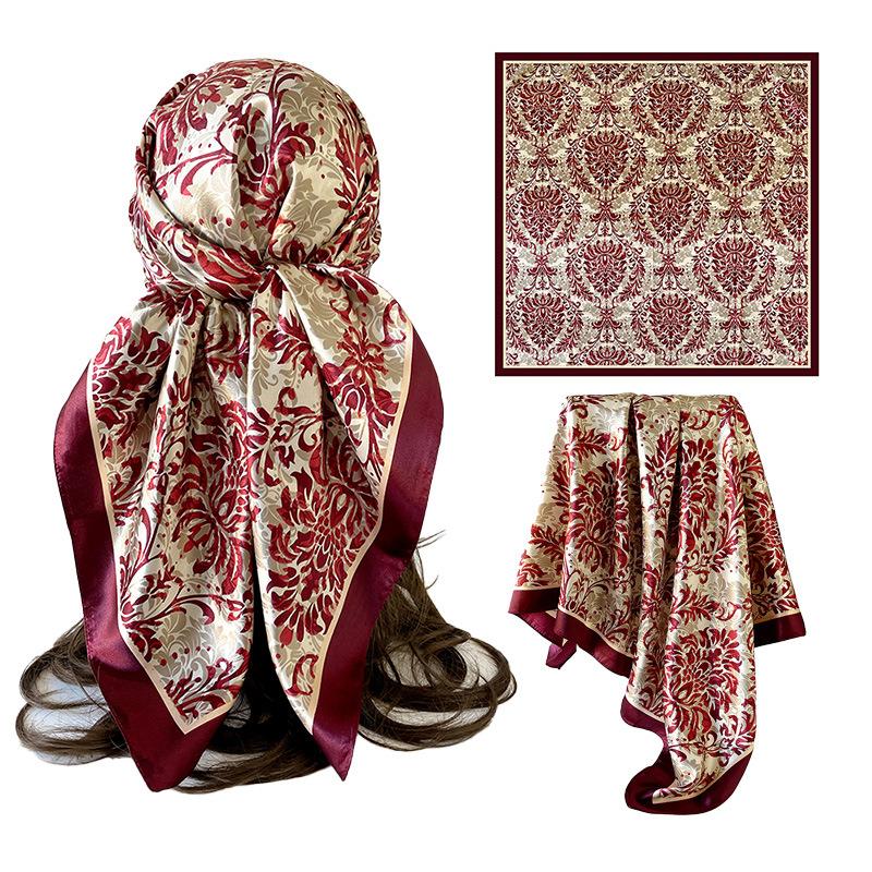 Vintage-print silk scarf, 90×90cm, faux silk headscarf, glossy satin headscarf, head-wrapping scarf