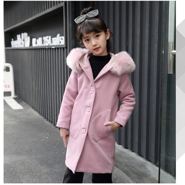 Осенне-зимнее модное утепленное шерстяное пальто с большим меховым воротником для девочек, длинная куртка, топы, розовое шерстяное пальто, детская одежда