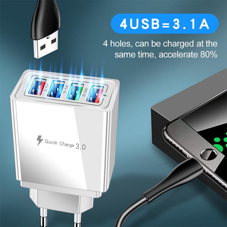 4-портовое USB-зарядное устройство для мобильных устройств 3A со светодиодом - стандарты ЕС, США, Великобритании, совместимо с планшетами