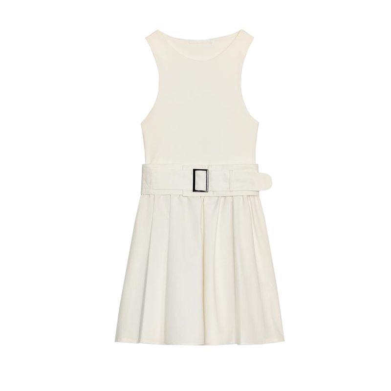 Summer New Product Women's Clothes Minimalist Round Neck Sleeveless with Belt Twill Patchwork Short Dress 0264452