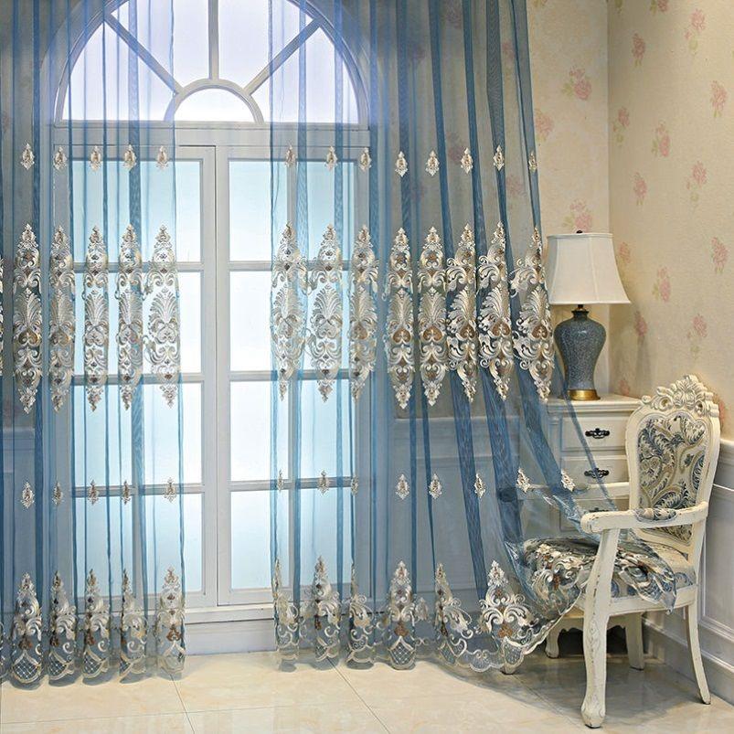 1 панельная перегородка, прозрачная занавеска, роскошная синяя прозрачная занавеска с вышивкой, кружевная фильтрующая занавеска, винтажная цветочная занавеска для окон для гостиной