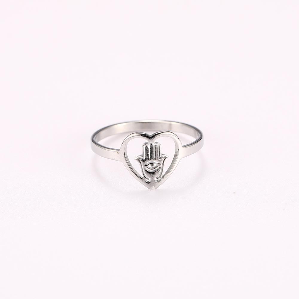 Evil Eye Hamesh Hamsa Hand Heart Ring Women Amulet Lucky Fatima Palm Stainless Steel Casual Rings Jewelry Birthday Gift