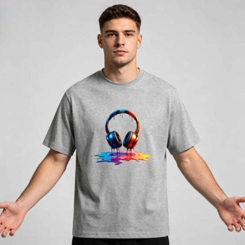 2026 New Unisex Pure Cotton Short Sleeve Tee Rainbow Melting Headset Print Fashion Hip Hop Summer Male Daily Shirts
