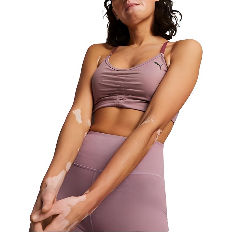 Puma Мягкий эластичный спортивный бюстгальтер Studio Yoga Series с однотонным логотипом и низкой интенсивностью поддержки, женское нижнее белье бордового цвета 521602-22