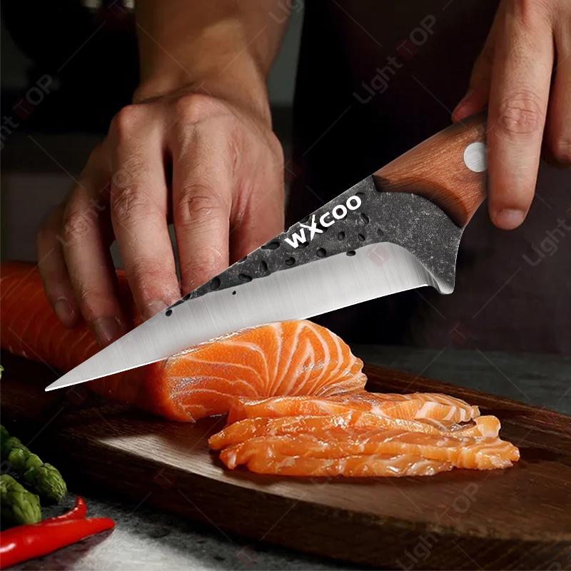 1pcs Stainless Steel Fillet Boning Knife Professional Chef's Kitchen Knife Forged Meat Cleaver Fish Slicing Knife Wooden Handle