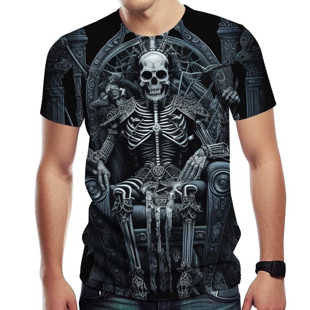 Летние футболки с круглым вырезом и 3D готическим принтом короля-скелета, модные повседневные мужские футболки с коротким рукавом