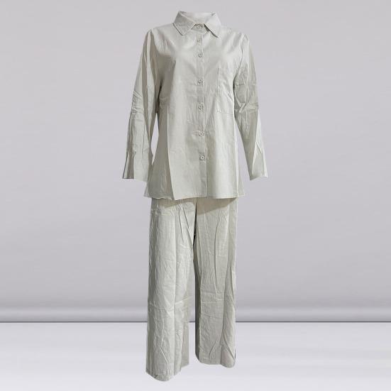 2 Pcs/Set Women Shirt Pants Set Solid Color Turn-down Collar Long Sleeve Top Wide Leg Elastic Waist Loose Pants Commute Clothes Blouse Trousers Set