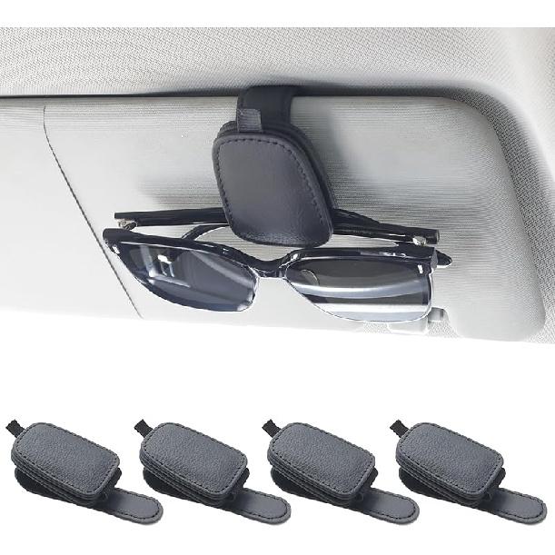 Yuoyar Sunglass Holder For Car, Magnetic Leather Sunglasses Holder And Ticket Card Clip, Car Visor Accessories, 4 Packs (4Pcs Black)