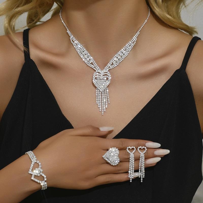 Bridal jewelry accessories sparkling full diamond three-layer heart tassel necklace/earring set