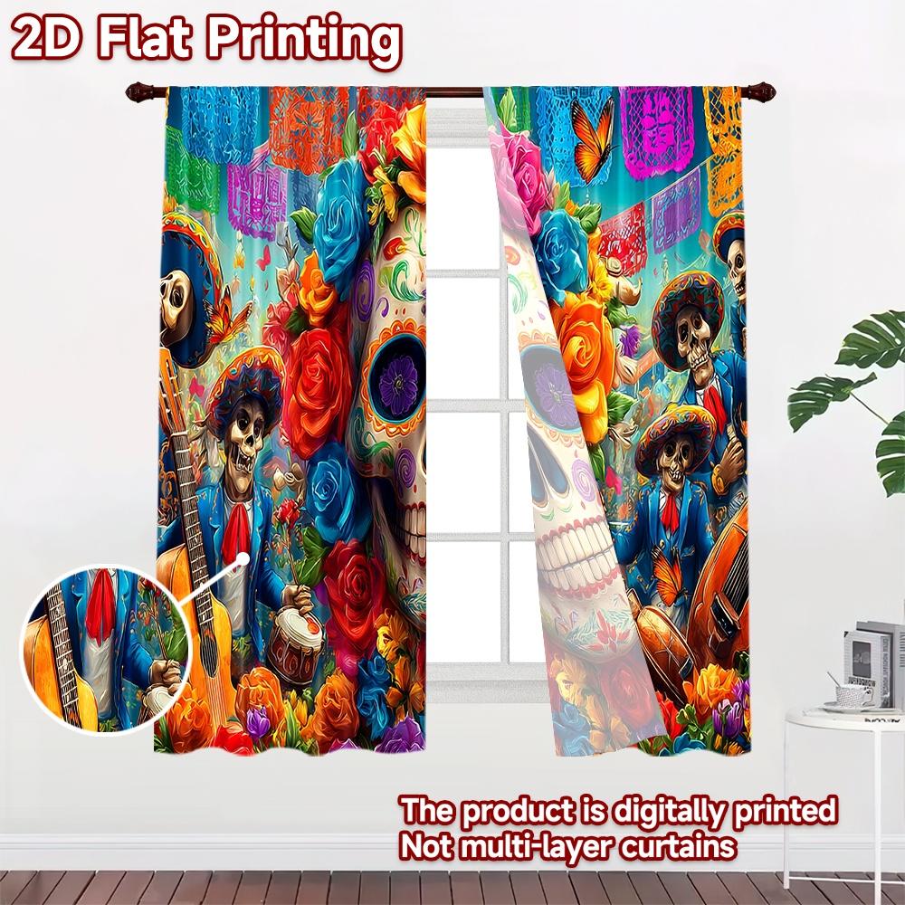 2D flat printing 2pcs Curtain Dia De Muertos Skull Floral Mariachi Digital Printed Polyester Drapes Festive Curtains for Room