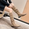 2024 2024 New High Quality Pleated Boots Women Black Nude Faux Suede Flock Knee High Boots Ladies Flat Autumn Winter Dress Shoe 43