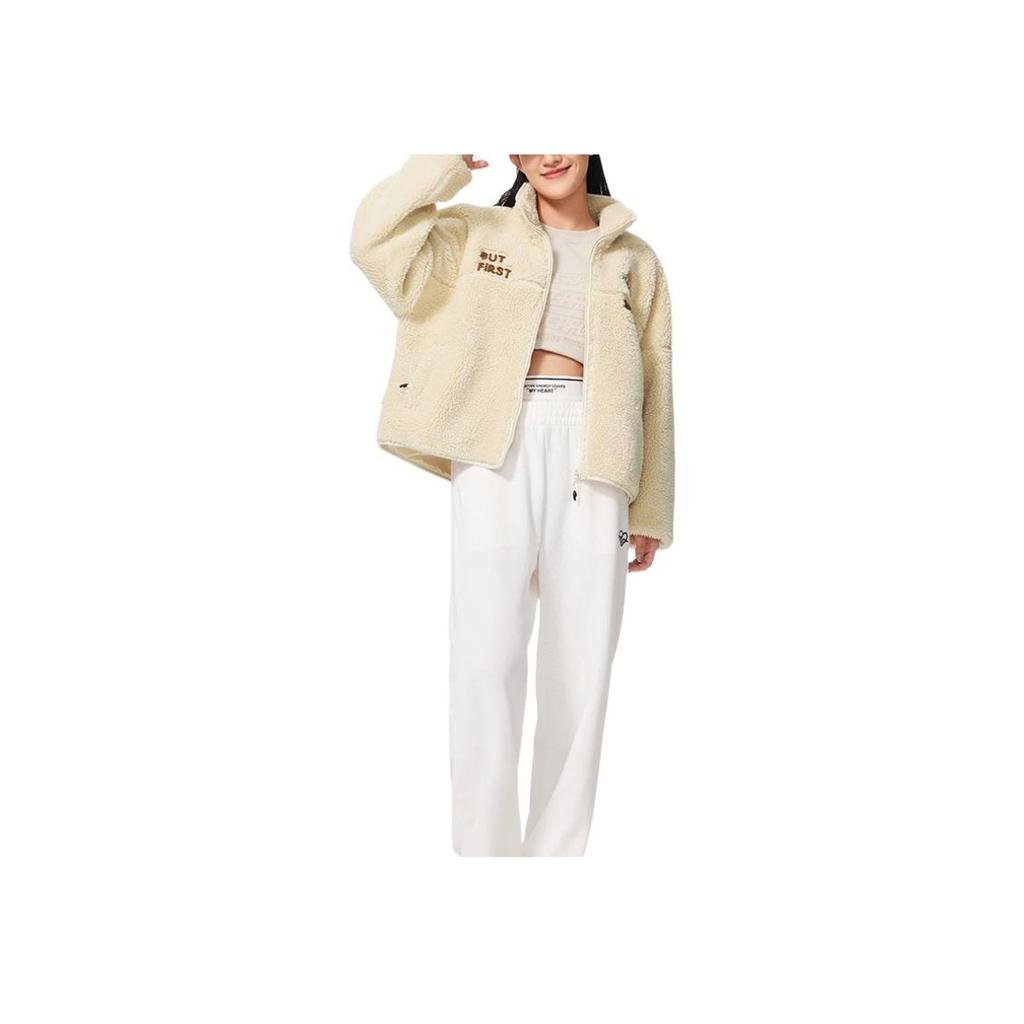 Li-Ning X Disney Chip N Dale Cartoon Letter Embroidery Loose Knit Zip Cardigan With Lamb Wool Lining Warm Cotton Jacket Women Outerwear AFDSC92-1