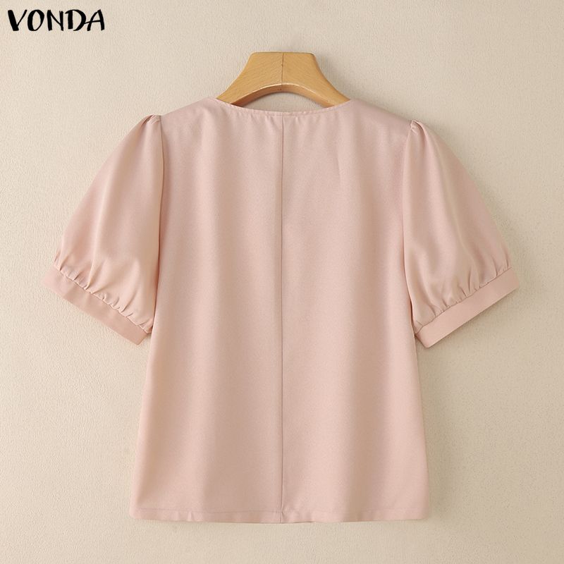 VONDA Женская блузка с лацканами, короткими рукавами, пуговицами, бантом, повседневная, укороченная