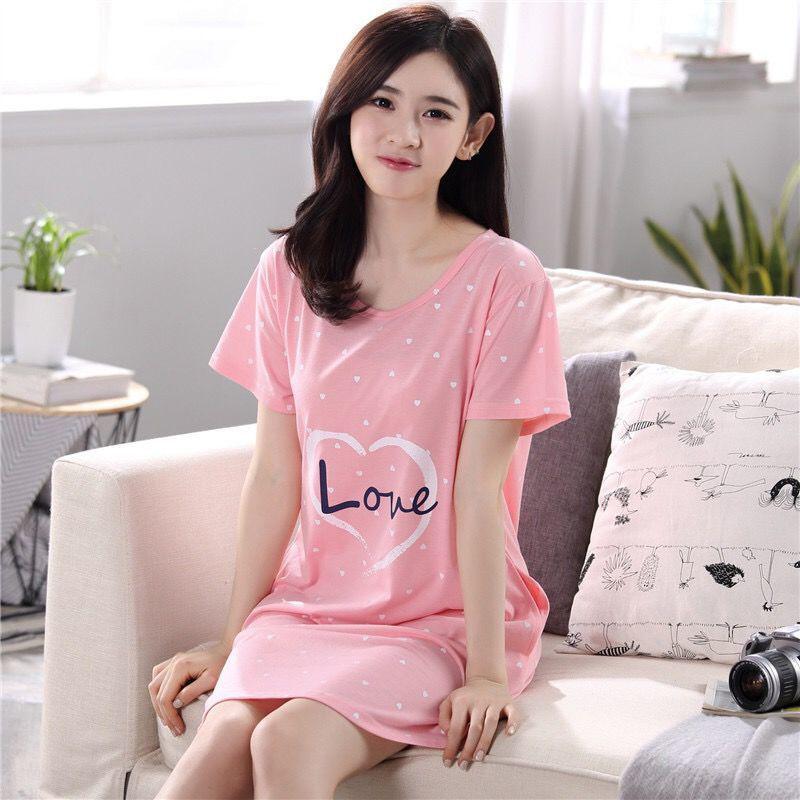 Summer Nightdress Female Cute Sweet Print Short-sleeved Girl Loose Comfortable Soft Mid-length Plus Size Nightdress Ladies Home