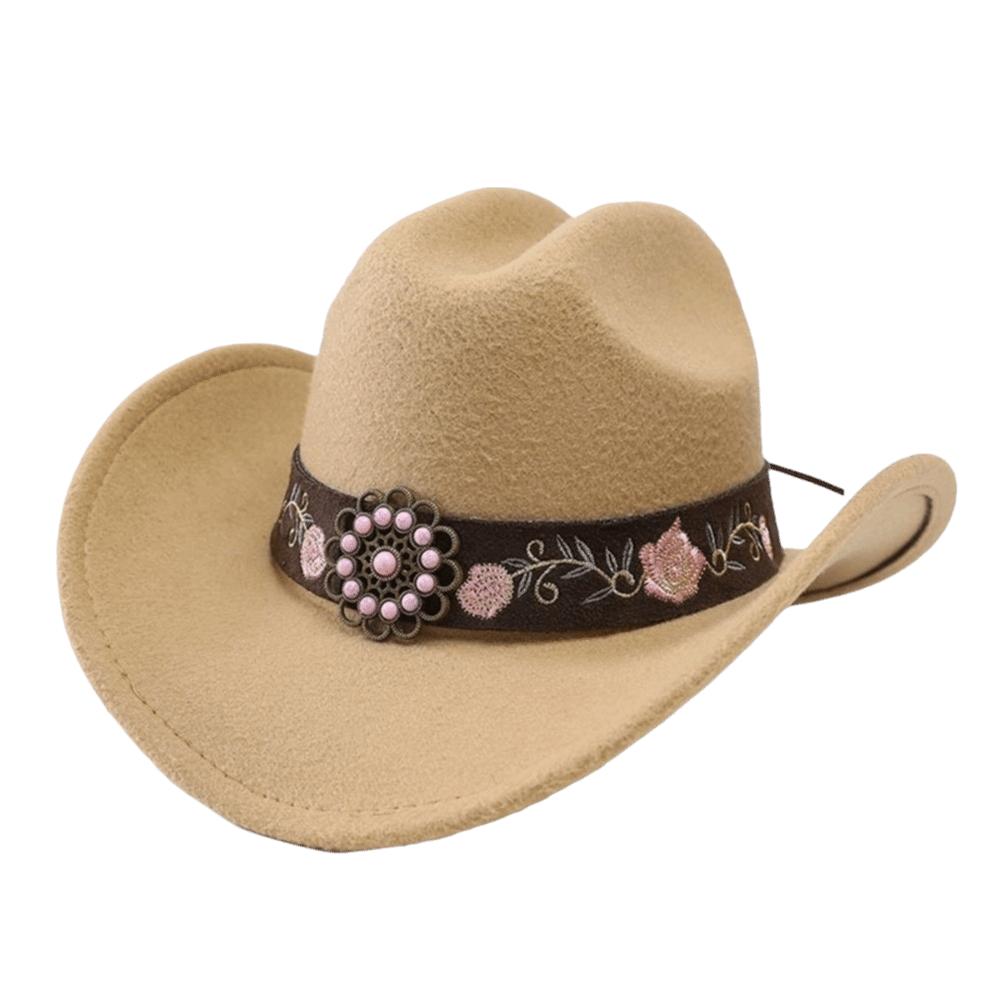 Soft Fedora Hat Floral Embroidery Sun Hat Vintage Felt Western Cowboy Hat Travel Outdoor