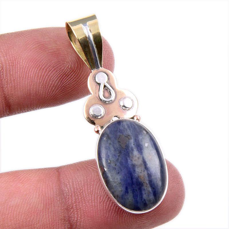 Natural Sodalite Gemstone 925 Solid Sterling Silver Two Tone Pendant 1.75" R8Z90