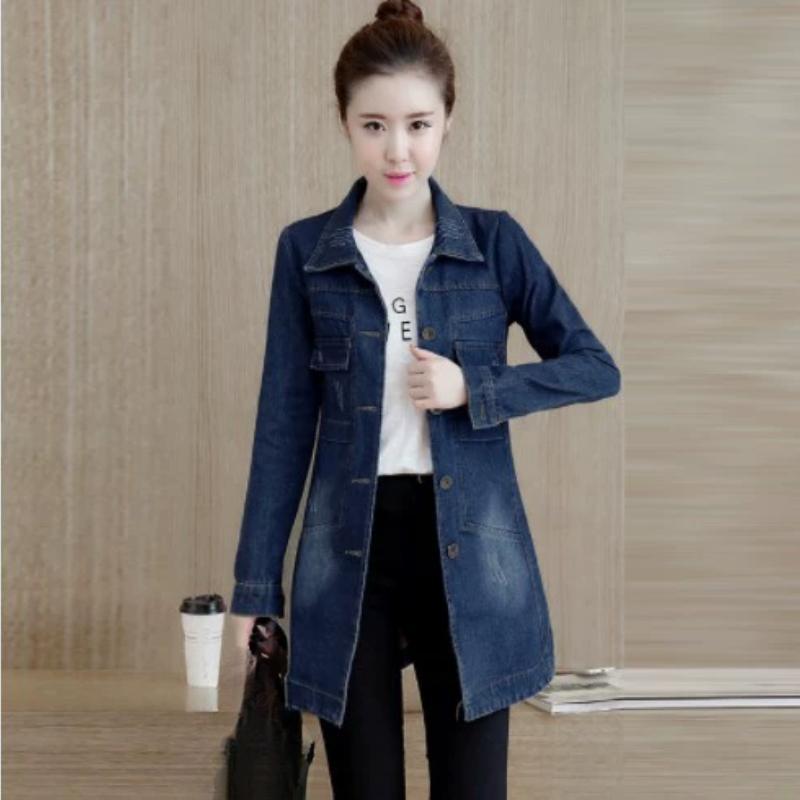 Korean Long Sleeved Denim Jacket for Women's Slim Fit Single Breasted Mid Length Windbreaker Top