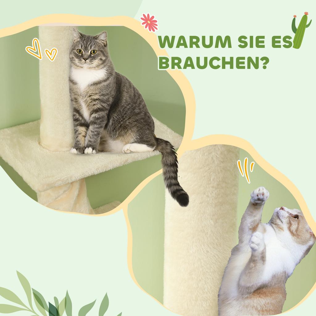 Cat Tree, Adjustable Height 225-275 cm, Stable Base, Anti-Tip Safety, Plush Cover, Cream White