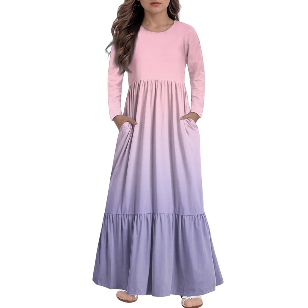 Girls' Maxi Dress Casual Holiday Dresses - Long Sleeve Dress With Pockets For 4-14Y